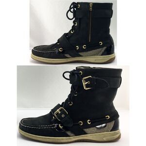 Sperry Top-Sider Ankle Boots Women's 8 Black Suede Lace Up Side Zip Huntley